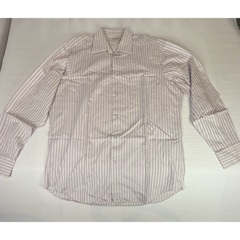 Poggiani 1958 Italy Striped Dress Shirt 16 Lavender Beige Cotton Italian Classic